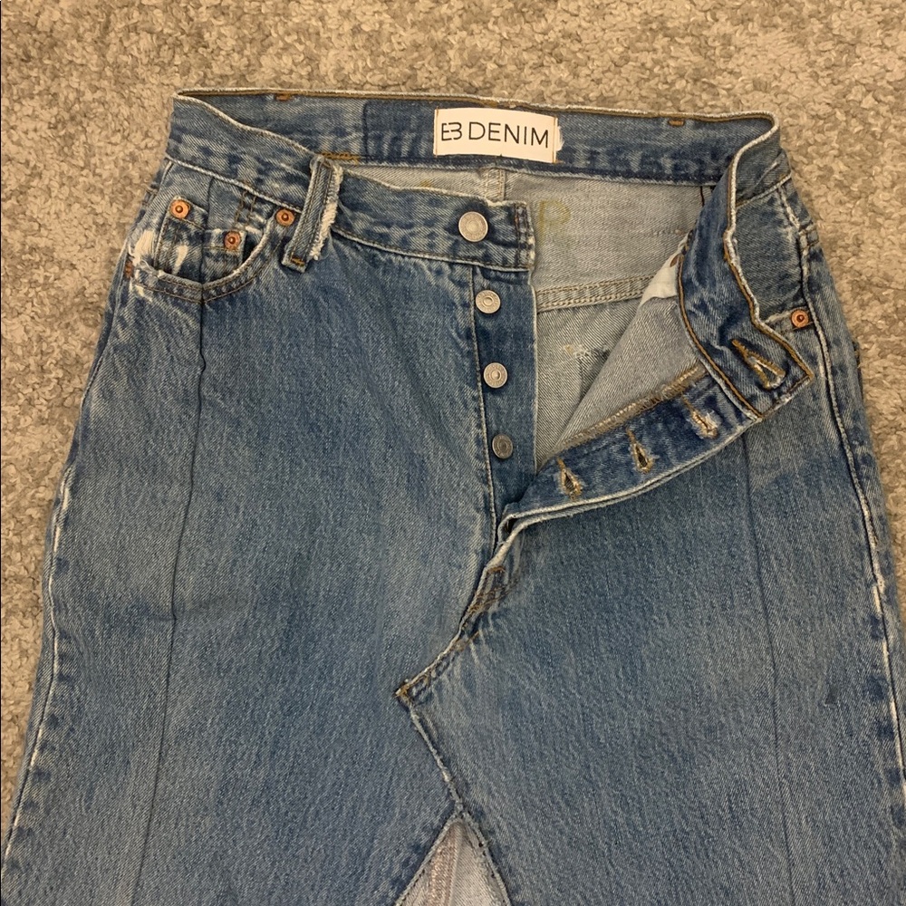 Custom vintage Levi’s denim jean two tone distressed maxi skirt middle slit high - Picture 6 of 10